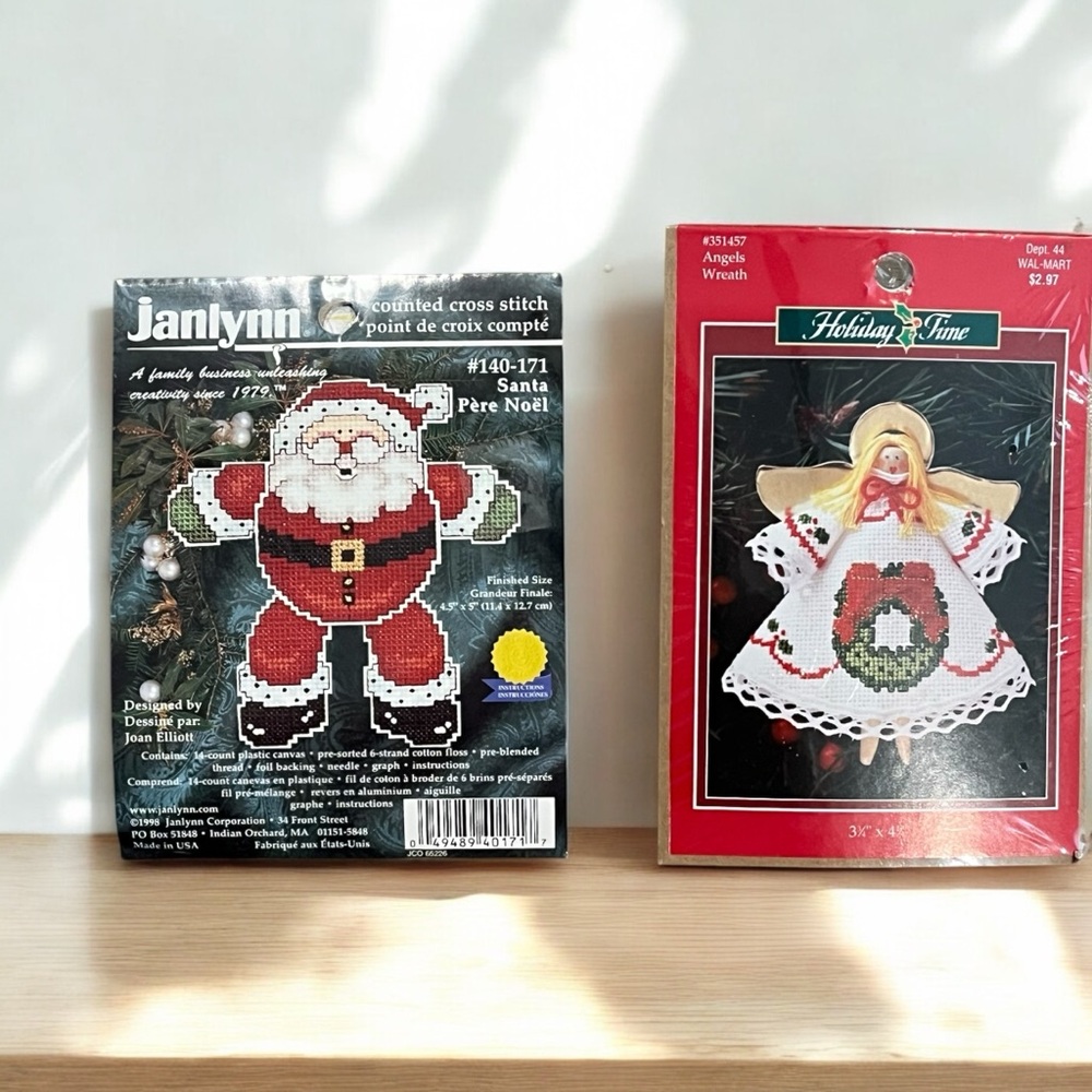 NWT Set of 2 Counted Cross Stitch Kits (Clothespin Wreath Angel & Santa)